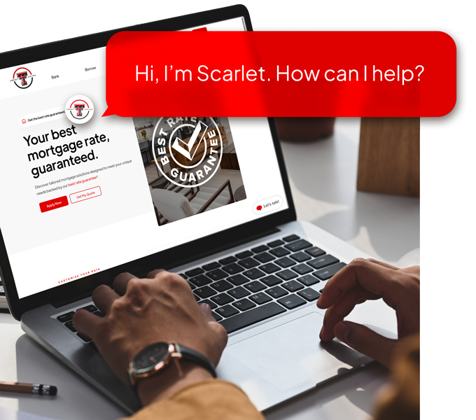 Hand holding a phone with a Scarlet chat open on the Texas Tech Credit Union website