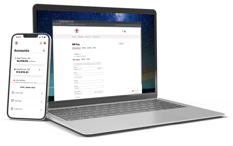 iPhone and laptop showing Texas Tech Credit Union mobile and online banking
