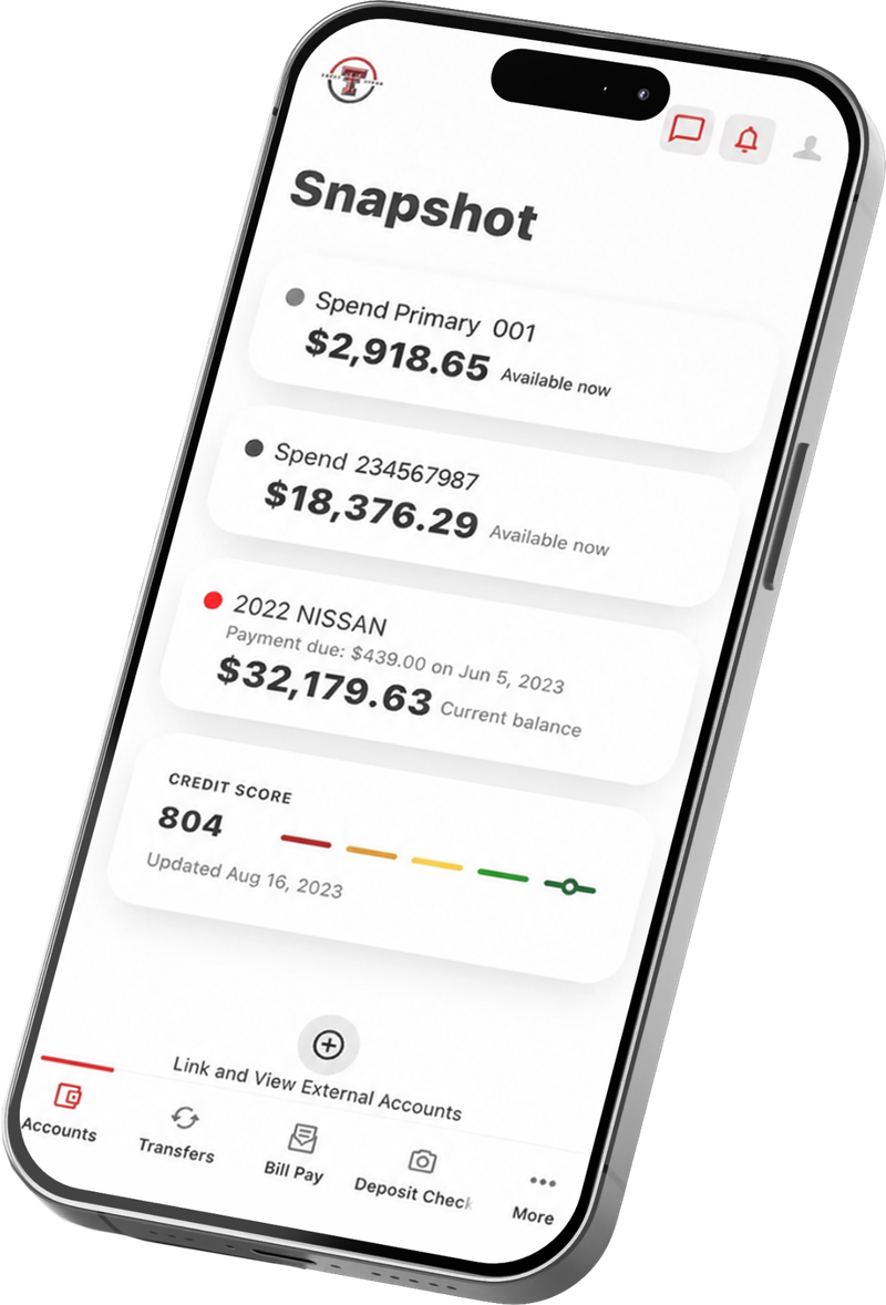 Texas Tech Credit Union mobile banking app on a phone